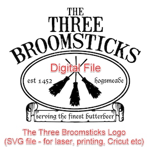 May include: Black and white logo for The Three Broomsticks, a fictional pub from the Harry Potter series. The logo features three broomsticks crossed in the center of an oval with the text "The Three Broomsticks" above and "est 1452 Hogsmeade serving the finest butterbeer" below.