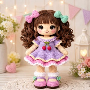 Pode incluir: Uma boneca de crochê feita à mão com cabelo castanho encaracolado, adornada com laços rosa e verdes. A boneca usa um vestido roxo com um detalhe de cereja, uma saia rosa e amarela e sapatos rosa. A boneca está em uma toalha de renda branca.
