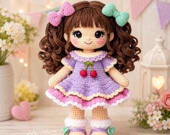 Amigurumi Doll Crochet Pattern | Curly Hair, Cherry Dress, Kawaii Toy (PDF Download)