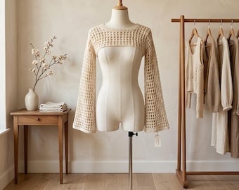 Patrón de bolero de ganchillo de malla abierta color crema en PDF / Patrón de bolero de ganchillo de malla con mangas acampanadas / Tutorial de top de ganchillo para principiantes