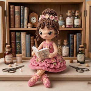 May include: A handcrafted crochet doll in a pink dress, reading a book with "STAR PATTERN" on the cover. The doll has brown hair and is wearing ballet slippers. The background includes a wooden shelf with books and apothecary jars.