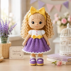 May include: A handmade crochet doll with blonde curly hair, wearing a white top, purple skirt, and yellow bow. The doll has a yellow headband and matching shoes. The sign says "Handmade with Love".