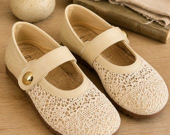 Ivory Crochet Mary Jane Flats for Women, Lace Fabric Ballet Shoes, Gold Button Strap, Round Toe Low Heel Breathable Summer Walking Shoes