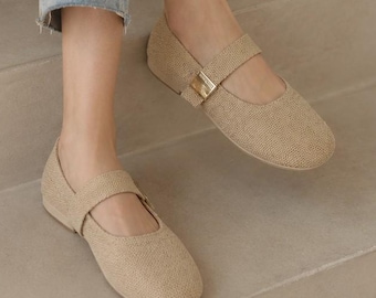 Beige Woven Mary Jane Flats for Women, Minimalist Summer Ballet Shoes, Soft Microfiber Round Toe Shoes, Cottagecore Casual Everyday Flats