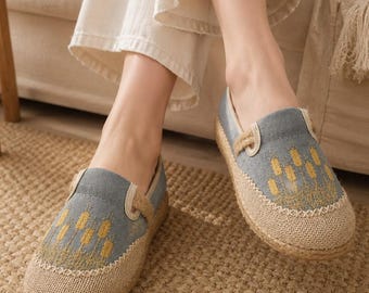 Scarpe basse da donna intrecciate, modello espadrillas ricamate, stile lino, mocassini estivi casual, scarpe fatte a mano, comode con tacco basso 1-3 cm