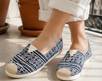 Womens Linen Espadrille Flats, Navy Geometric Woven Slip On Shoes, Cotton Lined Low Heel Summer Loafers, Boho Casual Vacation Walking Shoes