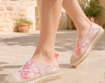 Geborduurde mesh espadrilles voor dames, roze kanten instapschoenen, zomerse casual geweven jute schoenen met lage hak, boho cottagecore stijl