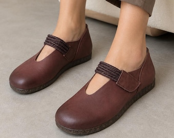 Coffee Brown Leather Mary Jane Flats, Braided Rope Strap, Hook-and-Loop Closure, Round Toe Shoes with Low TPR Soles