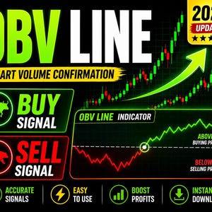 May include: A digital graphic with the text "OBV LINE" in large, neon green letters. It includes charts, a green arrow, and the words "Buy Signal" and "Sell Signal." The graphic also features the text "Smart Volume Confirmation" and "2026 Updated."