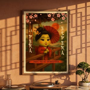May include: A framed art print featuring a cartoon geisha in a red kimono holding a red umbrella. The print has text in Spanish and is displayed on a wooden table with a record player and bonsai tree.
