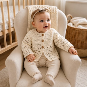May include: A baby in a cream-coloured, crocheted cardigan with wooden buttons, paired with matching leggings and socks. The baby is seated in a cream-coloured armchair, with a cream-coloured blanket draped behind them. A beige headband adorns the baby's head.