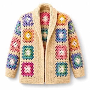 May include: A long-sleeve cardigan constructed from beige yarn featuring a shawl collar and a series of multi-colored granny square patches. The squares incorporate vibrant shades of pink, purple, blue, yellow, and green with white centers.