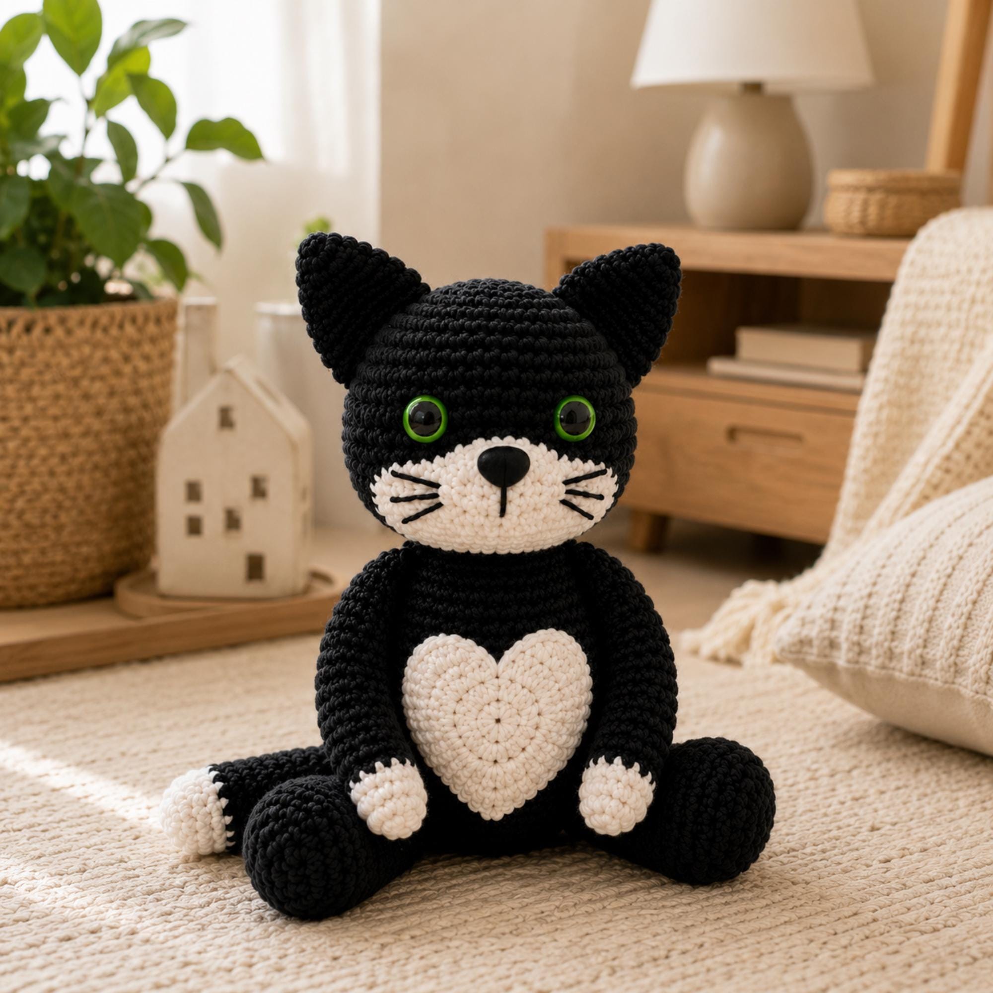 30 Black Cat Crochet Patterns for Amigurumi, Bags, Keychains, and Cozy Handmade Gifts 18 Black, White, and Heart Belly Kitty