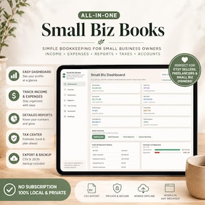 Puede incluir: Captura de pantalla de un software de contabilidad para pequeñas empresas, que muestra un panel con ingresos, gastos e informes. Diseñado para vendedores de Etsy y autónomos. Incluye un panel fácil, centro de impuestos y exportación CSV. El texto dice "Small Biz Books".