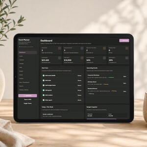 May include: A digital tablet displaying an event planner dashboard. The screen shows data including budget, upcoming events, and event details. The tablet is on a wooden surface, with a vase and a cup in the background.