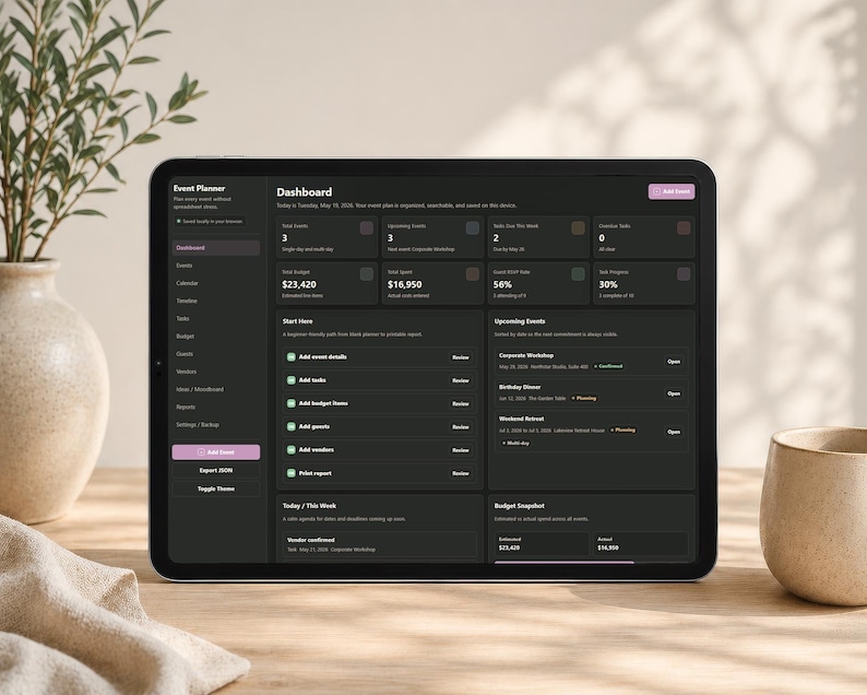 May include: A digital tablet displaying an event planner dashboard. The screen shows data including budget, upcoming events, and event details. The tablet is on a wooden surface, with a vase and a cup in the background.