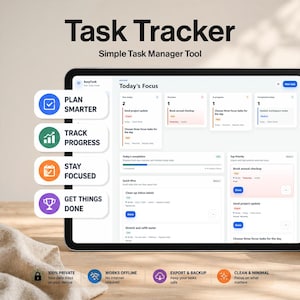 May include: A digital tablet displaying a task management application interface. The screen shows a clean, minimalist design with task lists, progress trackers, and focus indicators. The app's features include planning, progress tracking, and staying focused.