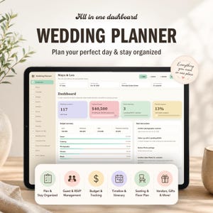 Op de afbeelding: Een digitaal dashboard voor huwelijksplanning weergegeven op een tabletscherm. De interface bevat secties voor budgetoverzicht, gasten en takenlijsten. De tekst bevat All in one dashboard, WEDDING PLANNER en Maya & Leo.