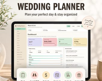 May include: A digital wedding planner dashboard displayed on a tablet screen. The interface features sections for budget summary, guest attendance, and task checklists. Text includes All in one dashboard, WEDDING PLANNER, and Maya & Leo.