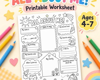 All About Me Worksheet Printable, Kids Self Portrait Activity, Preschool Kindergarten Back to School Printable, Instant Download