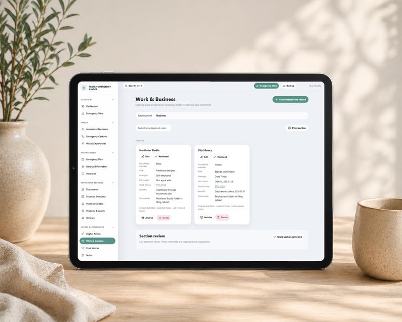 May include: A tablet screen displaying a digital Family Emergency Binder interface titled Work & Business. The dashboard shows employment details for Northstar Studio and City Library, including job titles, managers, and contact information.