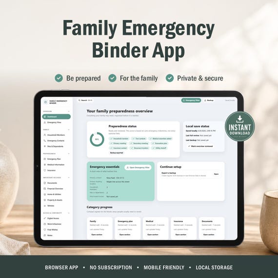 Family Emergency Binder Browser App, Just In Case Planner, Emergency Organizer, End of Life Binder, Digital Family Records, Local Storage