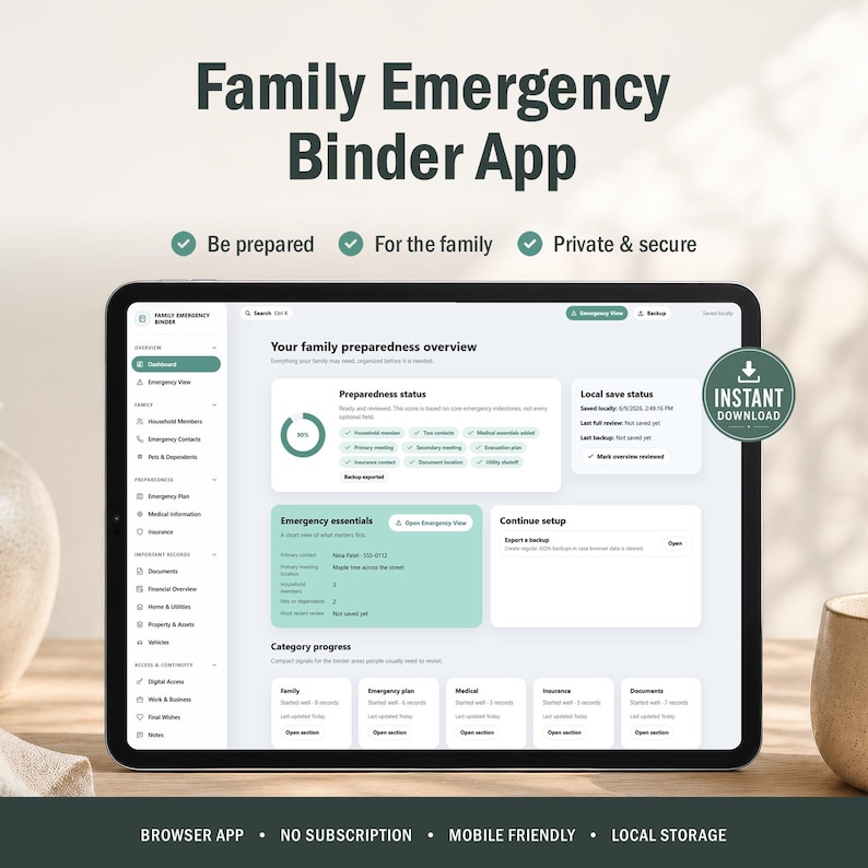 May include: A tablet displaying the Family Emergency Binder App interface, featuring a dashboard with preparedness status, emergency essentials, and category progress. The screen shows text including Family Emergency Binder App, Be prepared, For the family, Private & secure, and Instant Download.