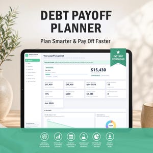 May include: A digital debt payoff planner displayed on a tablet screen, featuring a dashboard with a payoff snapshot, financial data, and progress charts. The interface includes text labels like Debt Payoff Planner and Instant Download.