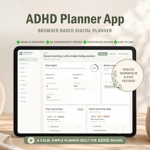 Peut inclure: Capture d'écran d'une application de planification numérique pour le TDAH, affichée sur une tablette. L'interface présente des sections pour les tâches, les objectifs et le suivi des progrès. Le design est épuré et moderne, avec le texte "A calm, simple planner built for ADHD brains."