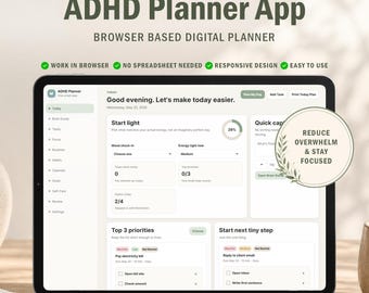Aplikacja przeglądarki ADHD Planner | Cyfrowy planer ADHD | Planer produktywności i skupienia | Śledzenie nawyków | Organizator codziennej rutyny | Natychmiastowe pobranie