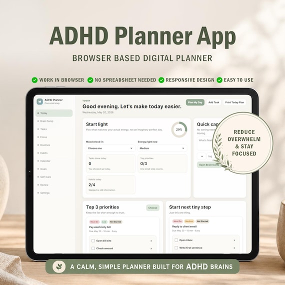 ADHD Planner Browser App | Digital ADHD Planner | Productivity & Focus Planner | Habit Tracker | Daily Routine Organizer | Instant Download