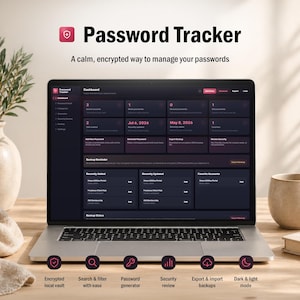 Może przedstawiać: Laptop wyświetlający interfejs pulpitu nawigacyjnego Password Tracker w trybie ciemnym, z sekcjami dla zapisanych kont, generowania haseł i przeglądów bezpieczeństwa. Tekst: Password Tracker oraz A calm, encrypted way to manage your passwords.