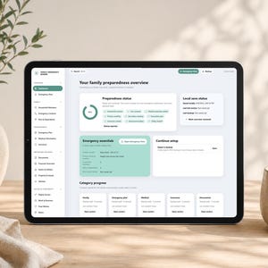 May include: A tablet displaying a digital family preparedness dashboard with a sidebar menu, preparedness status, emergency essentials, and category progress sections. The screen shows text including Family Emergency Binder, Dashboard, and Emergency essentials.