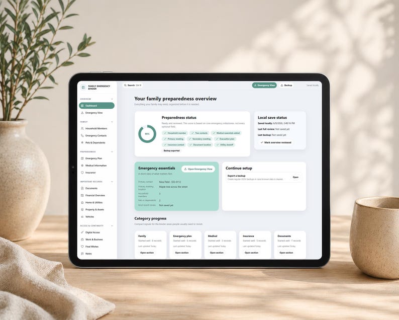 May include: A tablet displaying a digital family preparedness dashboard with a sidebar menu, preparedness status, emergency essentials, and category progress sections. The screen shows text including Family Emergency Binder, Dashboard, and Emergency essentials.
