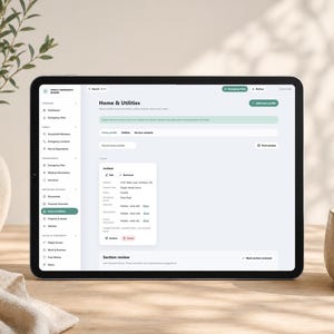 May include: A tablet displaying a digital interface titled Family Emergency Binder with a sidebar menu and a Home & Utilities section. The screen shows fields for property details, service contacts, and utility information with a white background.