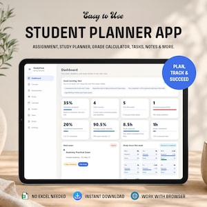 May include: A digital tablet displaying a student planner app interface. The screen shows a dashboard with progress bars, course summaries, and study hours. Text includes "Easy to Use STUDENT PLANNER APP" and "PLAN, TRACK & SUCCEED."