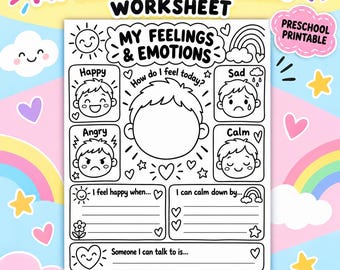Feelings and Emotions Worksheet, Preschool Social Emotional Learning Activity, Kids Printable Emotion Chart, SEL Coloring Page PDF