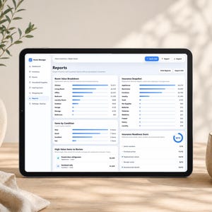 May include: A tablet displaying the Home Manager software interface, featuring a dashboard with reports on room value breakdown, insurance snapshots, items by condition, and high-value items to review, presented in a clean, organized digital layout.