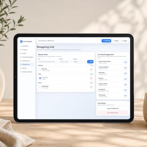May include: A tablet displaying a Home Manager software interface with a Shopping List page. The screen shows manual item entry fields, a list of cleaning and pantry items with checkboxes, and a sidebar with navigation icons for dashboard and inventory.