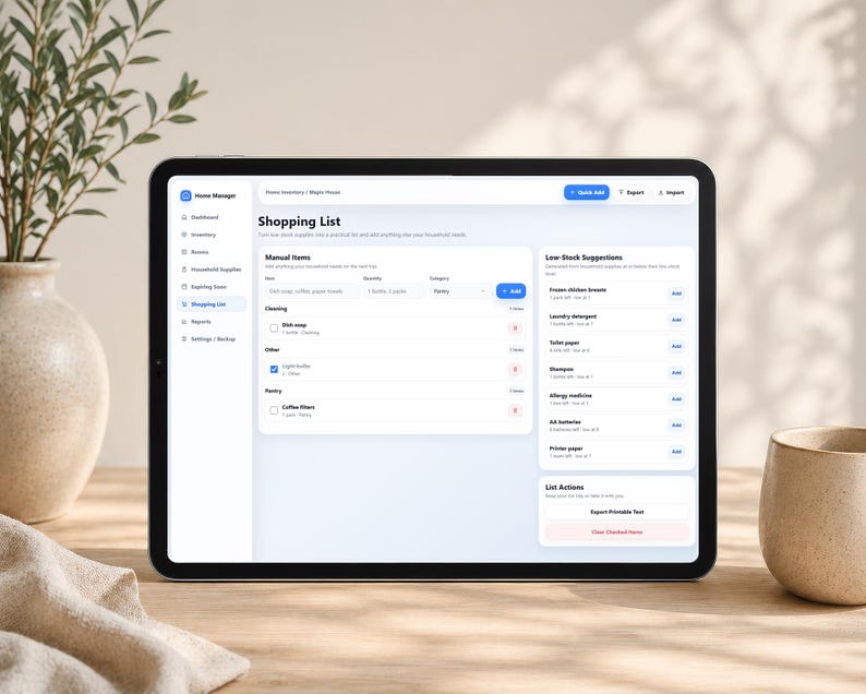 May include: A tablet displaying a Home Manager software interface with a Shopping List page. The screen shows manual item entry fields, a list of cleaning and pantry items with checkboxes, and a sidebar with navigation icons for dashboard and inventory.