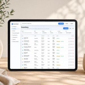 May include: A tablet displaying a Home Manager software interface with an inventory list. The screen shows columns for item, room, category, quantity, value, and condition, with buttons for Quick Add, Export, Import, and Add Item at the top.
