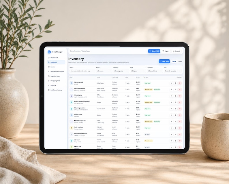 May include: A tablet displaying a Home Manager software interface with an inventory list. The screen shows columns for item, room, category, quantity, value, and condition, with buttons for Quick Add, Export, Import, and Add Item at the top.