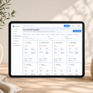 May include: A tablet screen displaying a Home Manager application interface titled Household Supplies. The dashboard shows inventory categories like pantry, freezer, and laundry with item lists, quantities, and expiration dates in a grid layout.
