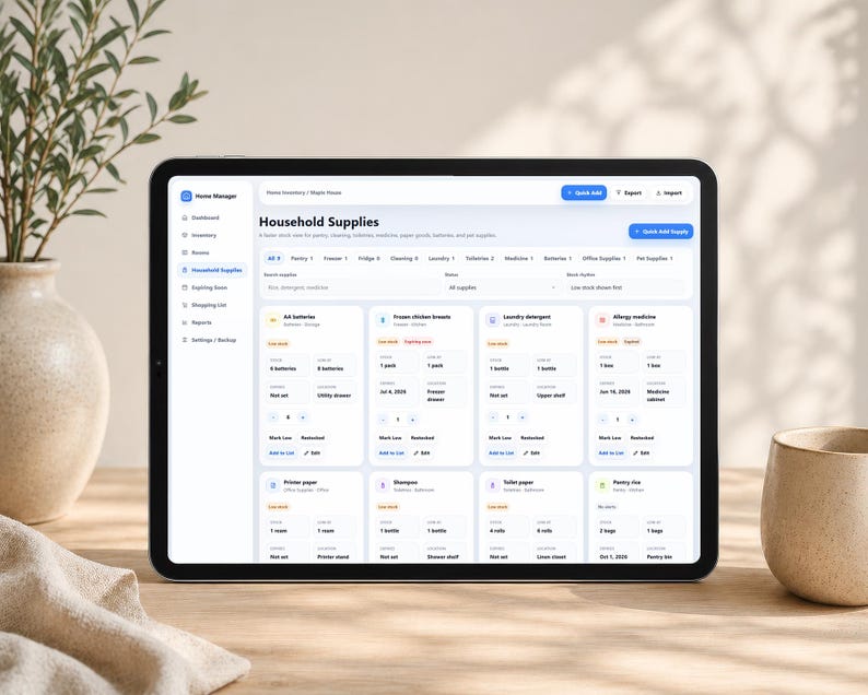 May include: A tablet screen displaying a Home Manager application interface titled Household Supplies. The dashboard shows inventory categories like pantry, freezer, and laundry with item lists, quantities, and expiration dates in a grid layout.