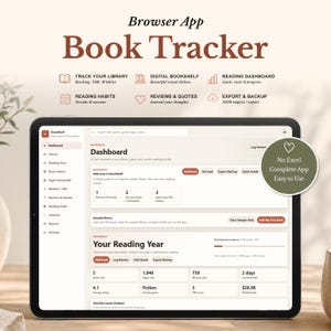 Puede incluir: Una tableta digital muestra la interfaz de la aplicación "Book Tracker". La aplicación presenta un panel con estadísticas de lectura, seguimiento de la biblioteca y secciones de revisión. Incluye seguimiento de biblioteca, estantería digital, hábitos de lectura, reseñas y opciones de exportación.