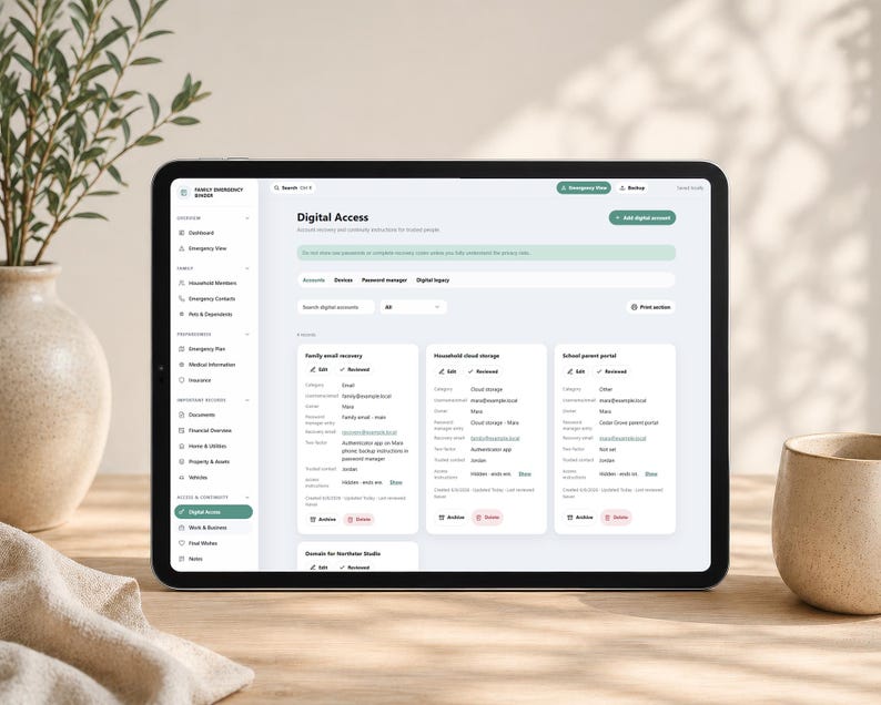 Family Emergency Binder Browser App, Just In Case Planner, Emergency Organizer, End of Life Binder, Digital Family Records, Local Storage image 17
