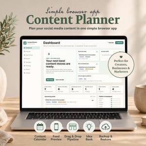 May include: A laptop displays the "Content Planner" dashboard, a social media content planning app. The screen shows a calendar, feed preview, drag & drop pipeline, idea bank, and backup & restore features. Text reads "Plan your social media content in one simple browser app."