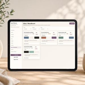 May include: A digital tablet displays an event planner interface with the title "Ideas / Moodboard." The screen shows various sections for mood boards, including "Calm leadership workbook" and "Acoustic dinner playlist." A vase with greenery and a ceramic cup are in the background.