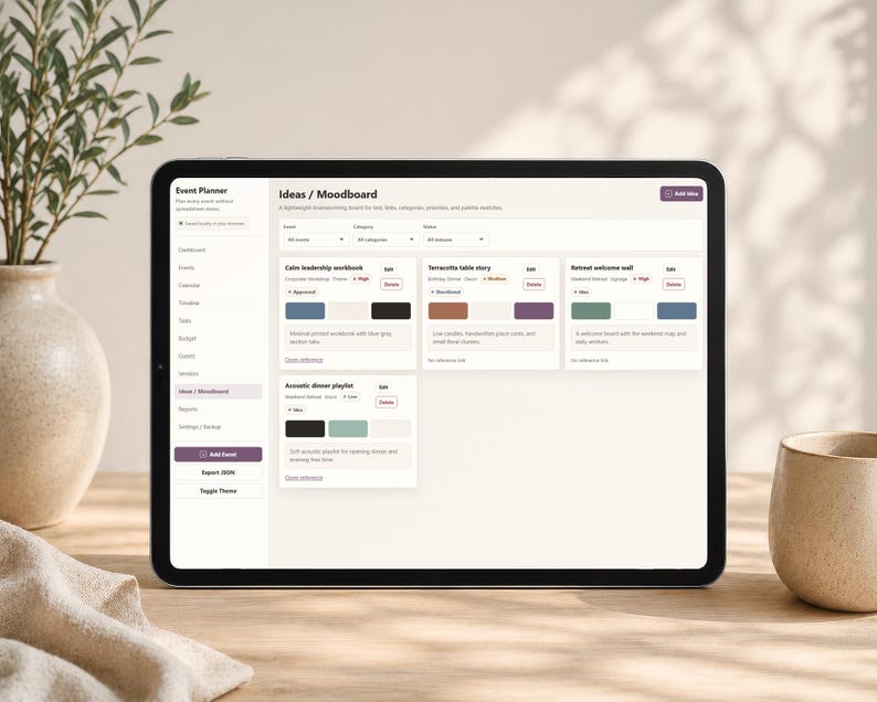 May include: A digital tablet displays an event planner interface with the title "Ideas / Moodboard." The screen shows various sections for mood boards, including "Calm leadership workbook" and "Acoustic dinner playlist." A vase with greenery and a ceramic cup are in the background.