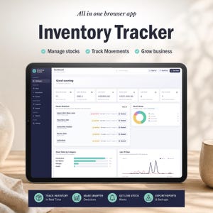 May include: A tablet displaying an inventory tracker browser app dashboard with data visualisations, stock status charts, and business metrics. The screen shows text including All in one browser app, Inventory Tracker, Manage stocks, Track Movements, and Grow business.